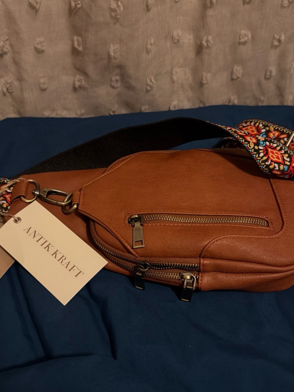 Antik Kraft Tan Leather Belt Bag with Patterned Strap